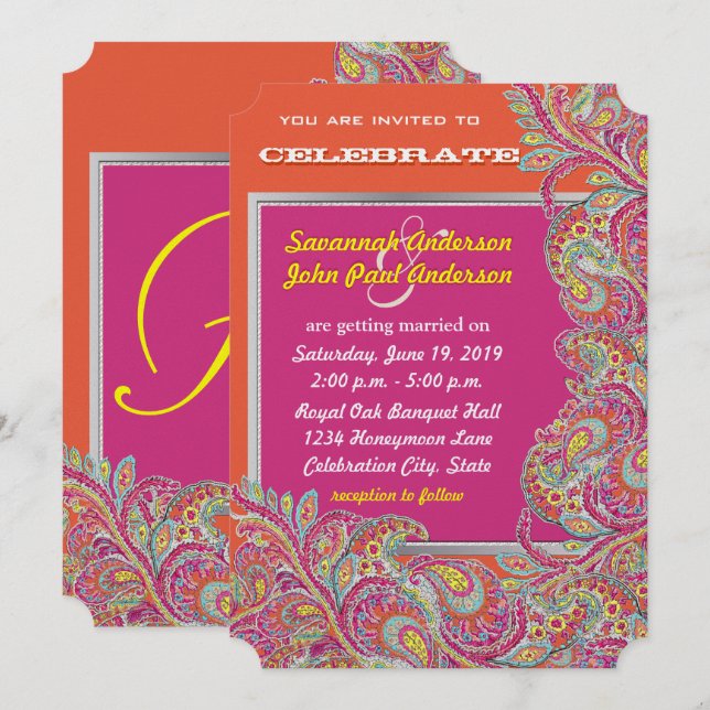 Invitation Peacock Paisley Tangerine Mustard Jaune Fuchsia (Devant / Derrière)