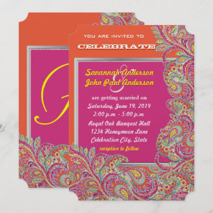 Invitation Peacock Paisley Tangerine Mustard Jaune Fuchsia