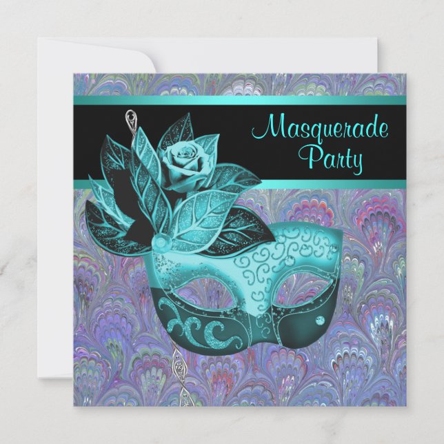 Invitation Peacock Paisley Turquoise Blue violet masquerade P (Devant)