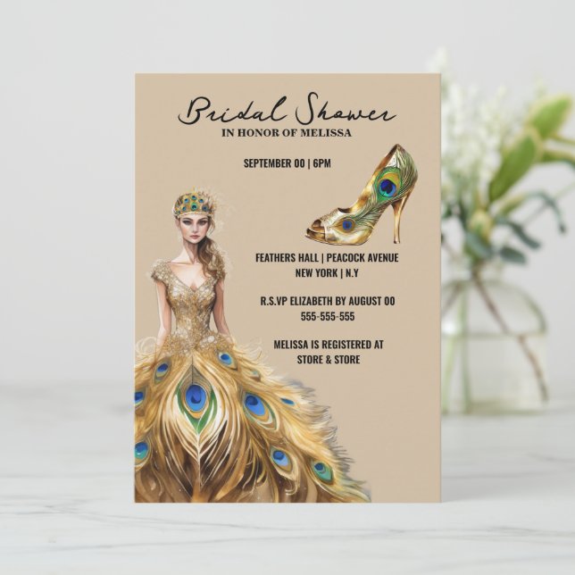 Invitation Peacock plumes robe mariée mariée pour être nuptia (Debout devant)