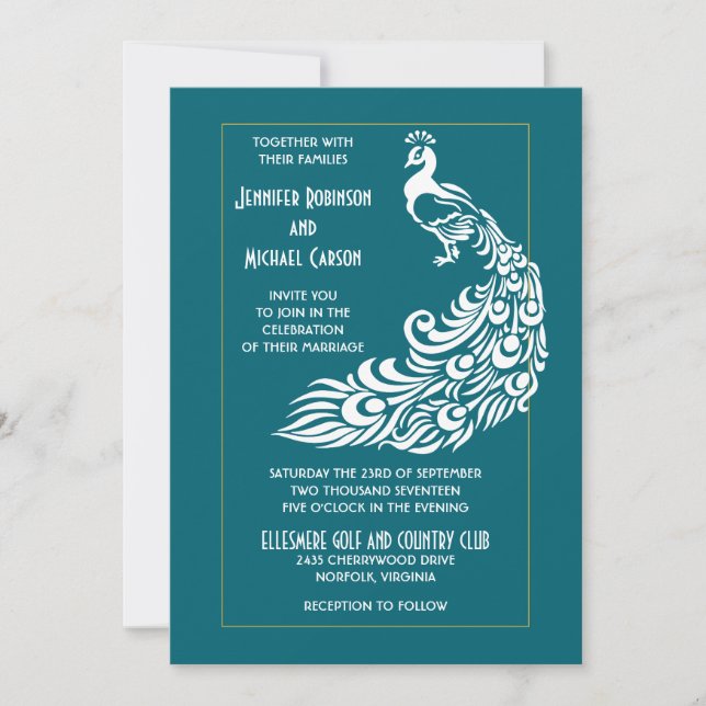 Invitation Peacock sur Turquoise Bold Design Art déco élégant (Devant)