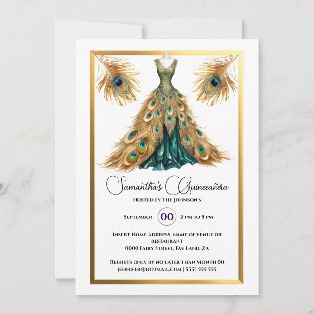 Invitation Peacock thème Quinceañera boule gobe or vert (Devant)