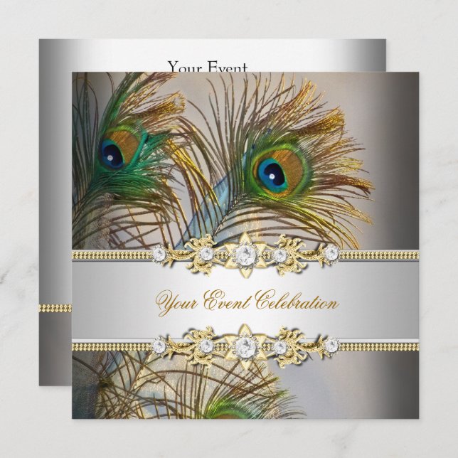 Invitation Peacock Turquoise Blue Gold Elegant Party (Devant / Derrière)