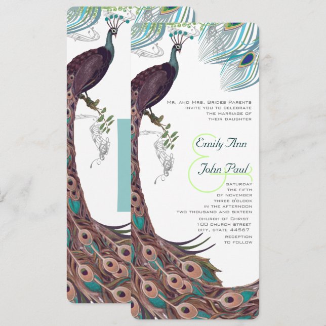 Invitation Peacock Vintage 3 plumes (Devant / Derrière)