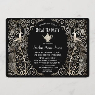 Invitation Peacocks Art Déco Argent Fête des mariées Tea Part