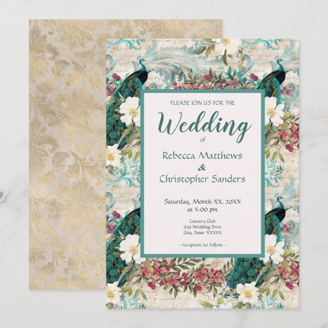 Invitation Peacocks et Fleurs Turquoise, ivoire et Mariage d' (Devant / Derrière)