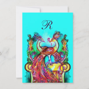 Invitation PEACOCKS IN LOVE MONOGRAM rouge bleu turquase vert