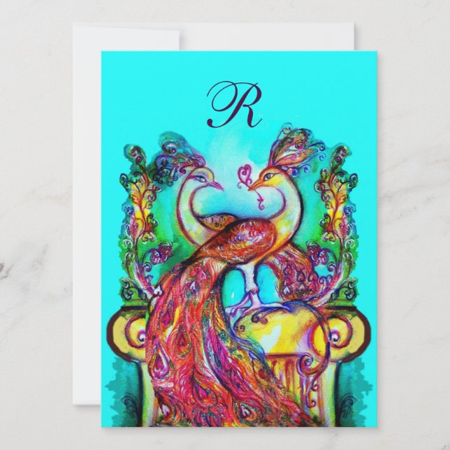Invitation PEACOCKS IN LOVE MONOGRAM rouge turquoise bleu ver (Devant)