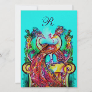 Invitation PEACOCKS IN LOVE MONOGRAM rouge turquoise bleu ver