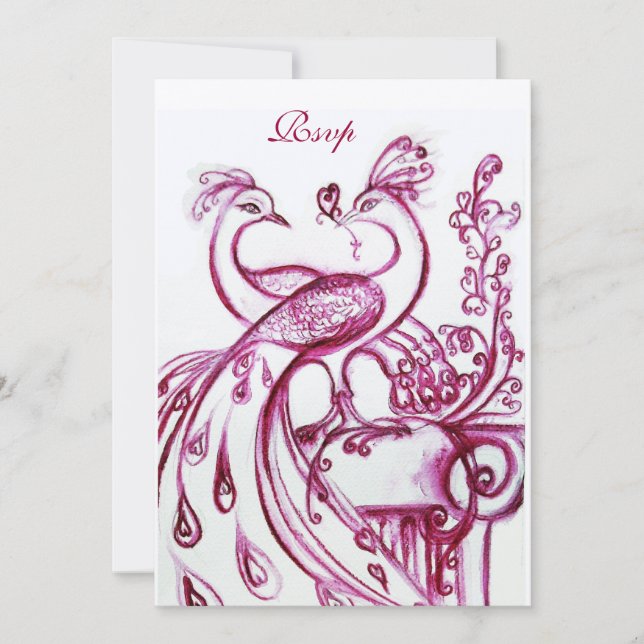 Invitation PEACOCKS IN LOVE RSVP, or rose bordeaux rouge (Devant)
