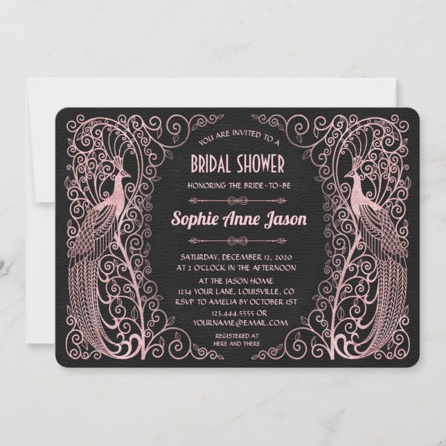 Invitation Peacocks rose Gold Art Déco Fête des mariées noire (Devant)