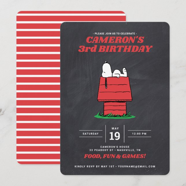 Invitation Peanuts Snoopy Dog House - Chalkboard Anniversaire (Devant / Derrière)