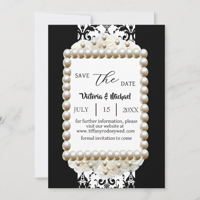 Invitation Pearl Chic noir & blanc Damask Économisez-La-Date (Devant)