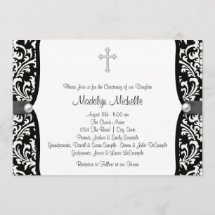 Invitation Pearl Cross blanc et noir Damask Christening