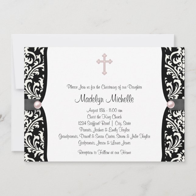 Invitation Pearl Cross rose noir Damask Christening (Devant)