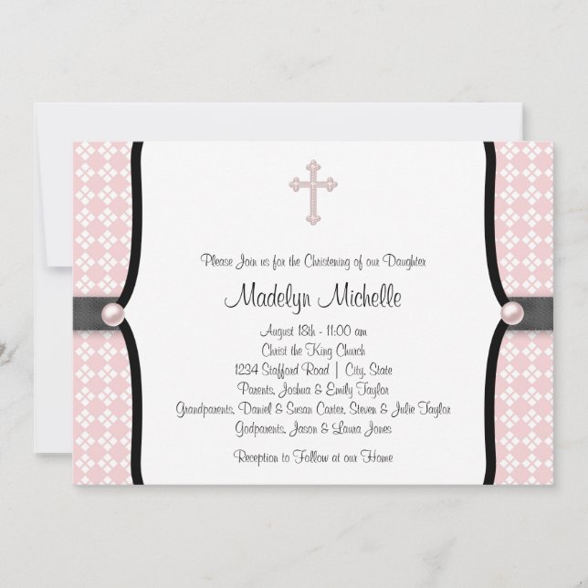 Invitation Pearl Cross rose noir Damask Christening (Devant)