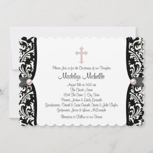Invitation Pearl Cross rose noir Damask Christening