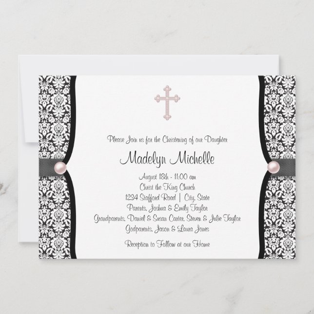 Invitation Pearl Cross rose noir Damask Christening (Devant)