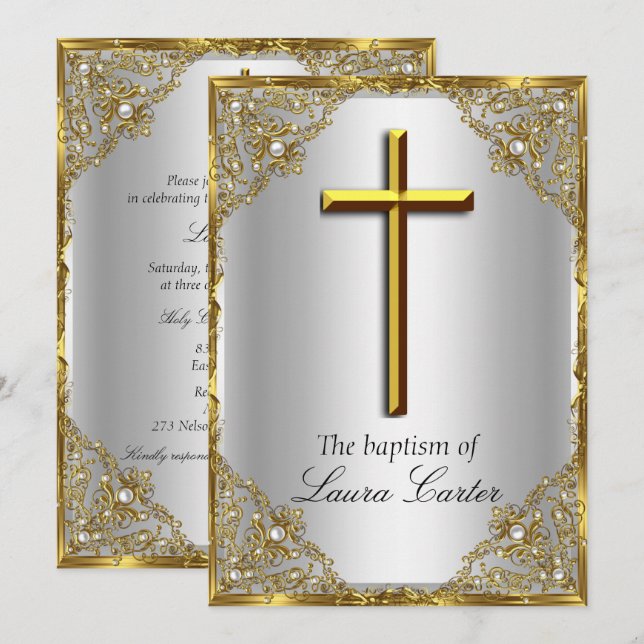 Invitation Pearl Damask Cross Baptism Argent Or (Devant / Derrière)