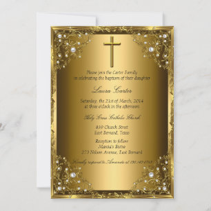 Invitation Pearl Damask & Cross Gold Baptism