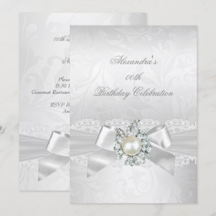 Invitation Pearl Diamond dentelle blanche Bow Damask Silver P