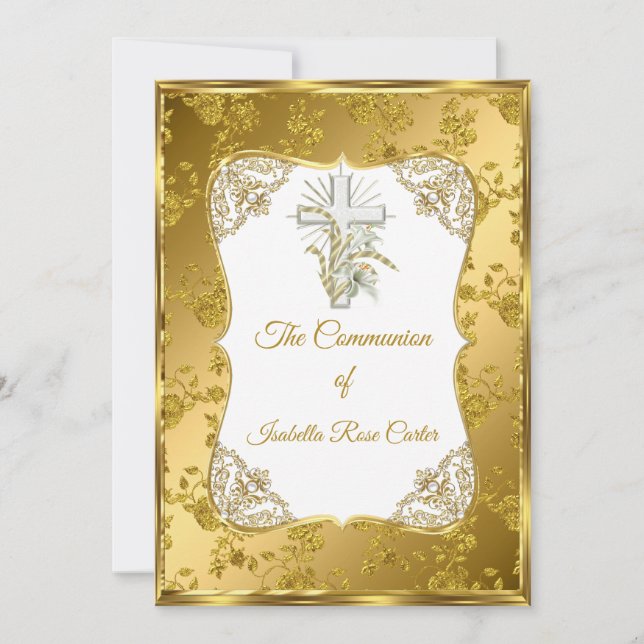 Invitation Pearl Gold Croix blanche Sainte communion rose Dam (Devant)