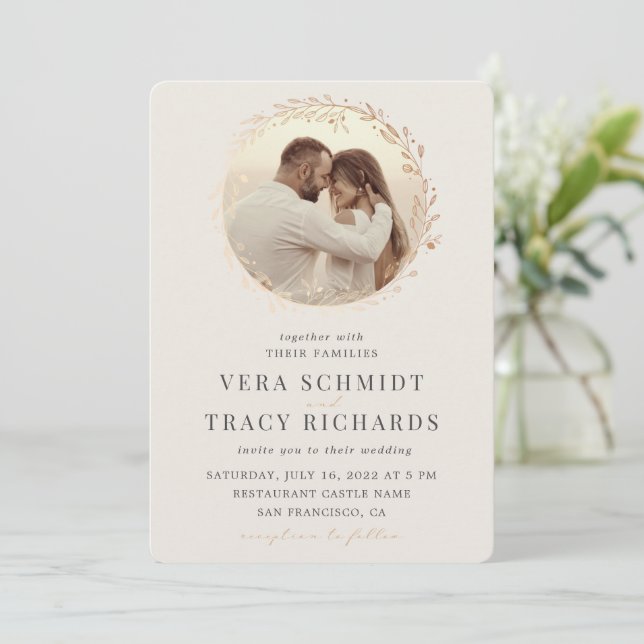 Invitation Pearl & Gold Leaf tout en un Mariage photo Rsvp da (Debout devant)