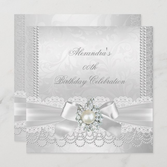 Invitation Pearl Lace Damask Diamond Silver White Bow Party (Devant / Derrière)