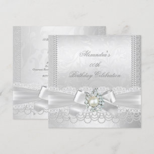 Invitation Pearl Lace Damask Diamond Silver White Bow Party