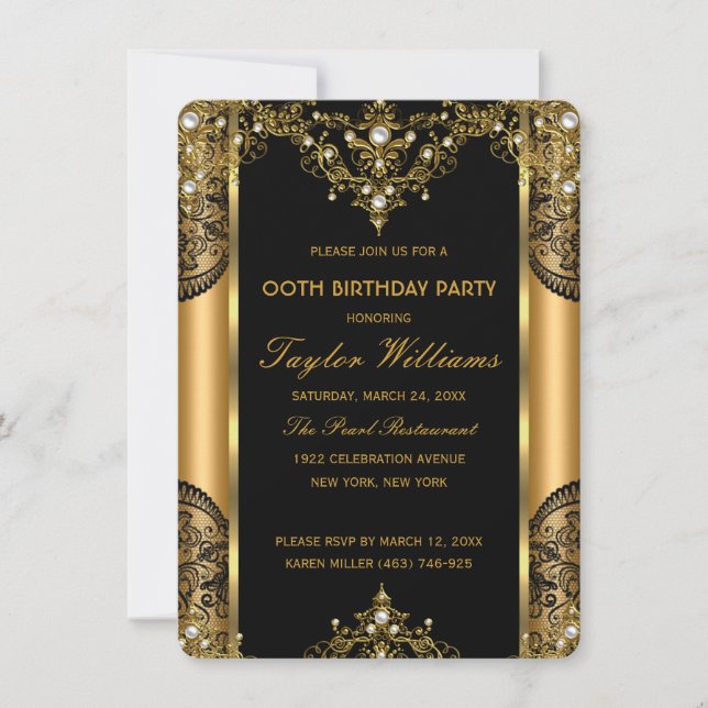 Invitation Pearl Lace Or Black Glamor fête d'anniversaire 2 (Devant)