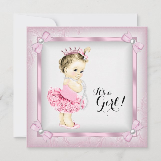 Invitation Pearl rose et blanc Baby shower Tutu (Devant)