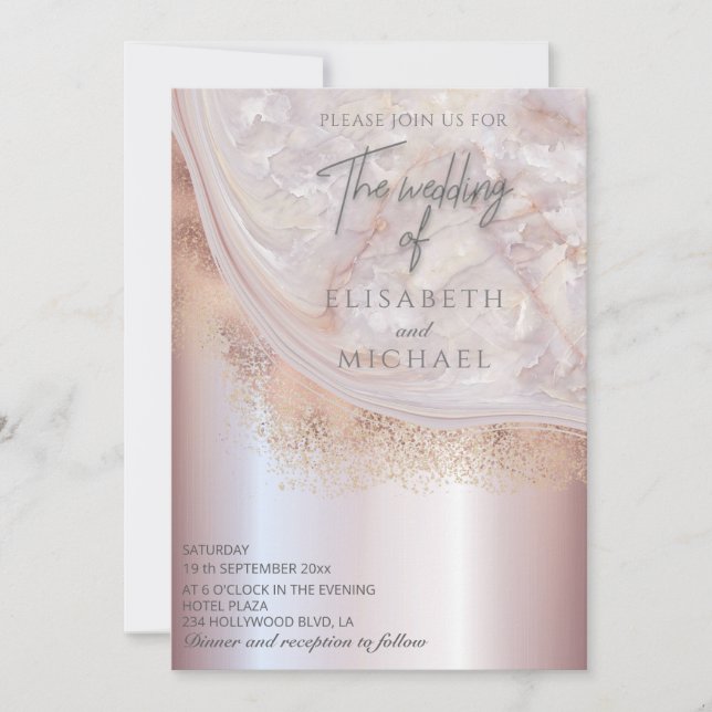 Invitation Pearl rose or marbre agate calligraphie métallique (Devant)