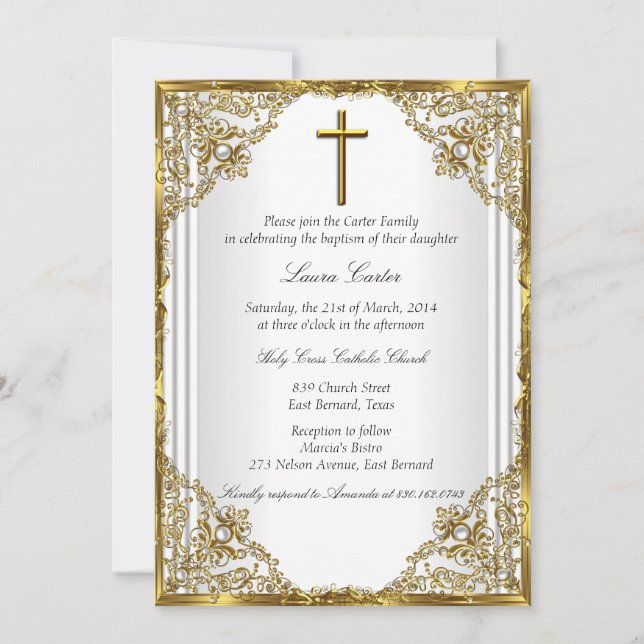 Invitation Pearle d'or blanc Damask Cross Baptism Christening (Devant)