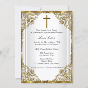Invitation Pearle d'or blanc Damask Cross Baptism Christening