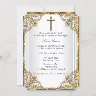 Invitation Pearle d'or blanc Damask Cross Baptism Christening