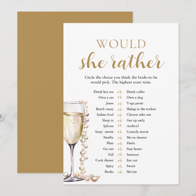 Invitation Pearles d'or et Prosecco préférerait-elle le jeu (Devant / Derrière)