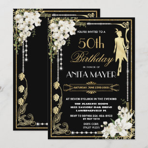 Invitation Pearles Floral Art Déco Gatsby Anniversaire N'IMPO