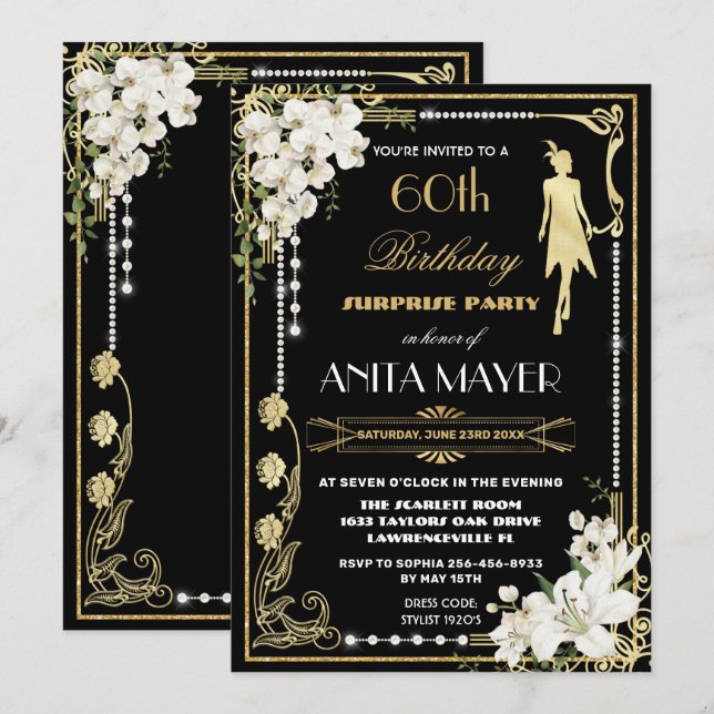 Invitation Pearles Floral Art Déco Gatsby Anniversaire TOUT Â (Devant / Derrière)