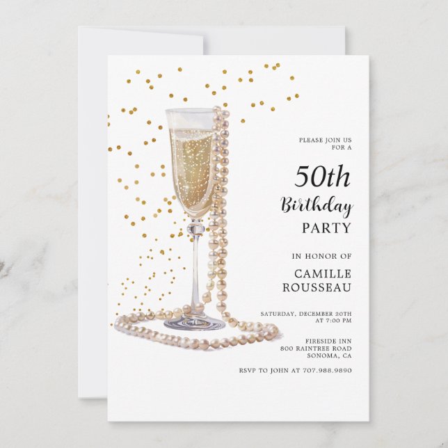 Invitation Pearls And Prosecco 50th Birthday Cocktail Party (Devant)