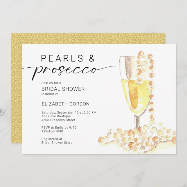 Invitation Pearls and Prosecco Bridal Shower Custom Minimal  (Devant / Derrière)