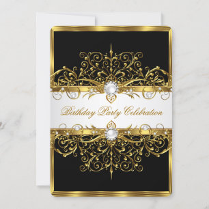 Invitation Pearls Black White Gold Élégante fête d'anniversai