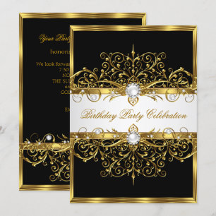 Invitation Pearls Black White Gold Élégante fête d'anniversai