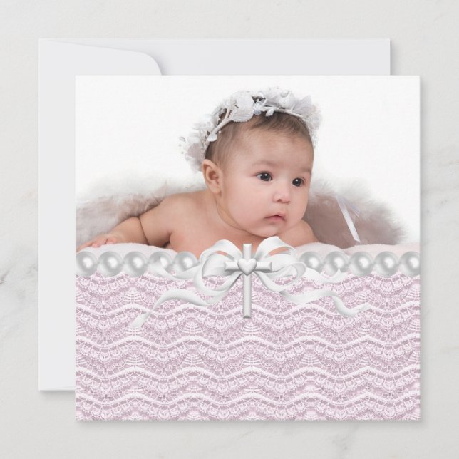 Invitation Pearls Cross Girls Photo Rose White Christening (Devant)