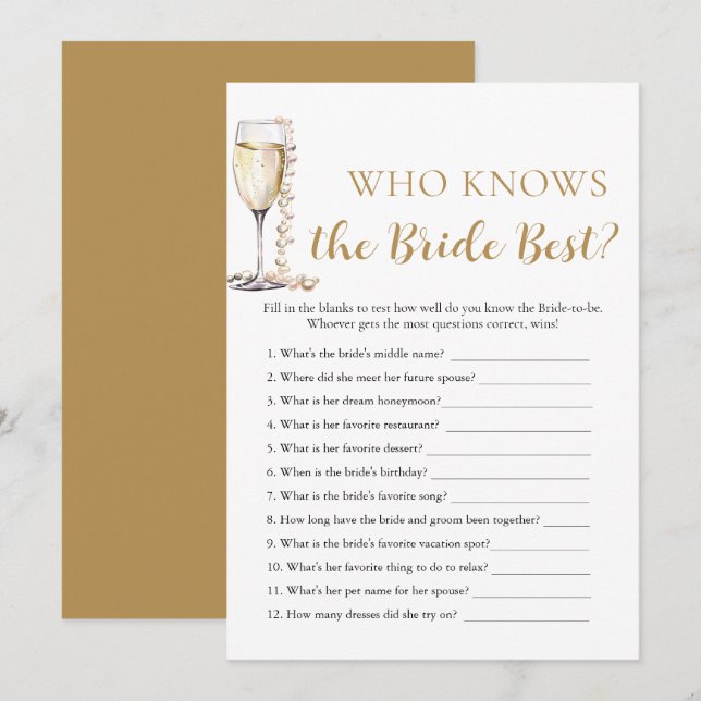 Invitation Pearls et Prosecco qui connaît la mariée meilleur  (Devant / Derrière)