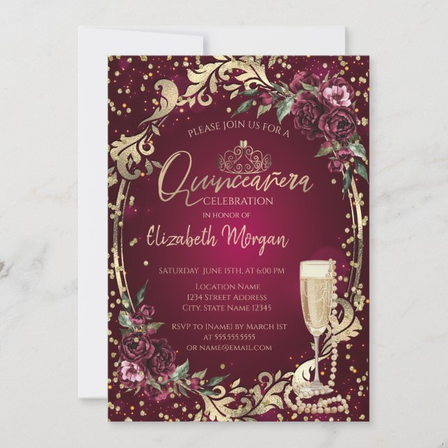 Invitation Pearls Prosecco Diamond Bourgogne Roses Quinceañer (Devant)