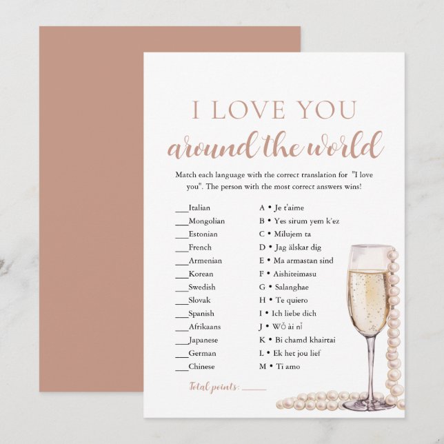 Invitation Pearls & Prosecco Je t'aime autour du monde jeu (Devant / Derrière)