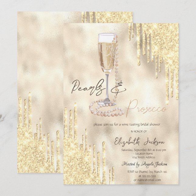 Invitation Pearls Prosecco Parties scintillant  or Fête des m (Devant / Derrière)