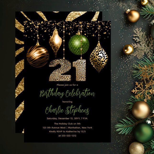 Invitation Peau animale tropicale Baubles 21ème anniversaire (Glamorous Tropical Animal Print Baubles 21st Birthday Party Invitation in Black, Gold & Olive Green)