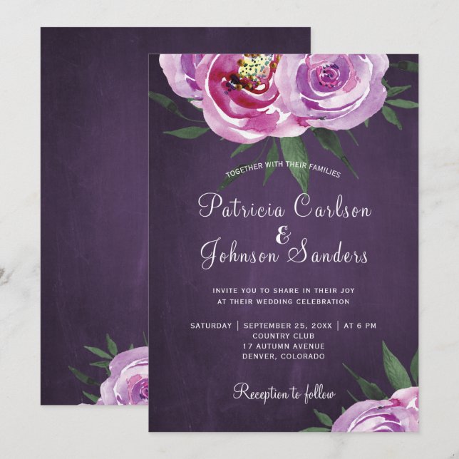 Invitation Peau de prune violette pivoines mariage de automne (Devant / Derrière)