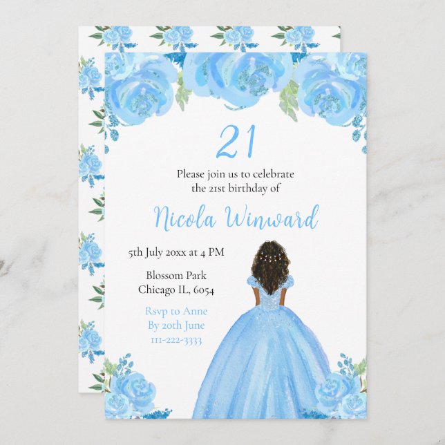 Invitation Peau foncée Princesse Florale Bleue Fête d'anniver (Devant / Derrière)